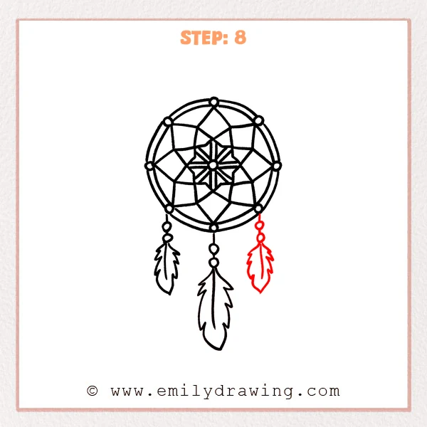 how to draw a dream catcher - A dream catcher with a new lower-right bead string and a third feather added, completing three hanging feather dangles.